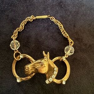 Vintage Brass Faceted Glass and Rhinestone Horse Horseshoe Bracelet
